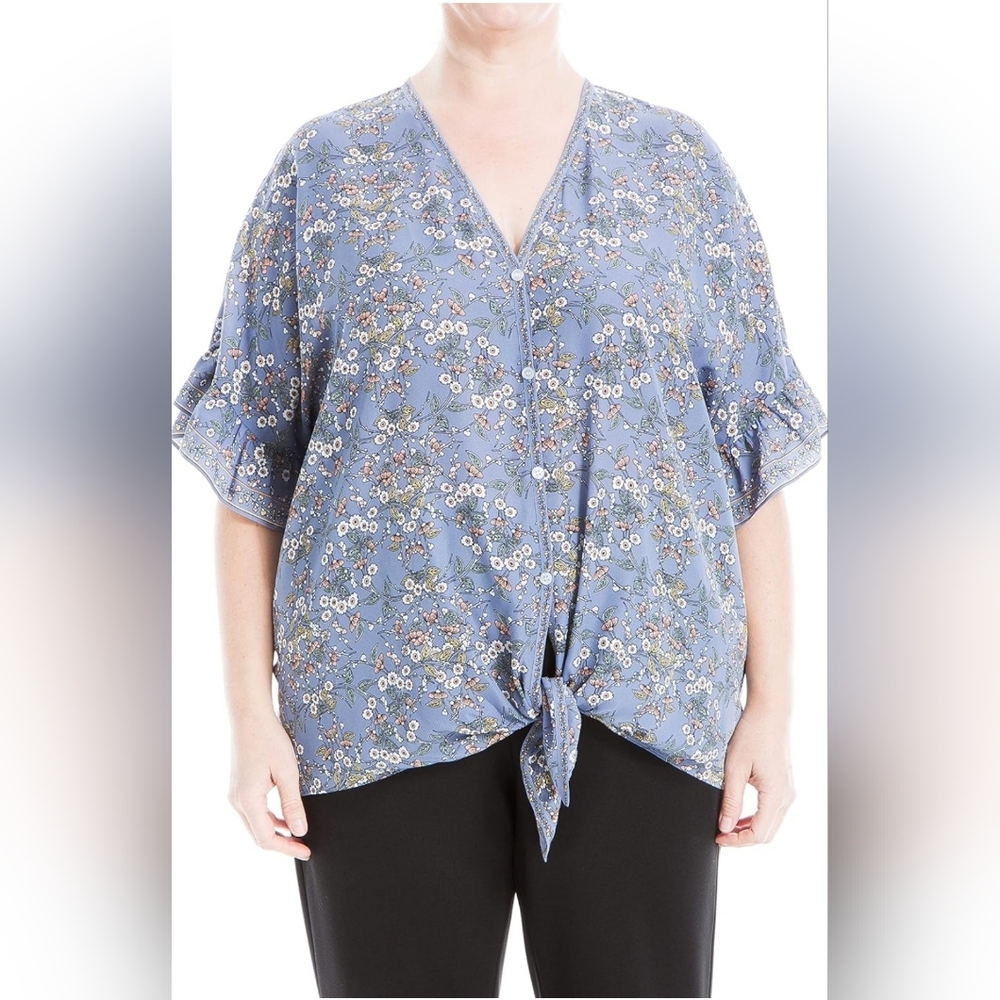 Max Studio Periwinkle Floral Ruffle Sleeve Tie Front Top Plus 2x